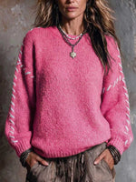 Women's Round Neck Long-sleeved Casual Loose Handmade Color-blocked Pullover Knit Sweater