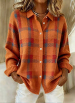 Casual Plaid Button-front Knit Cardigan With A Collar