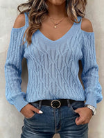 Casual Solid-color Cable-knit Off-shoulder Lantern-sleeve Sweater