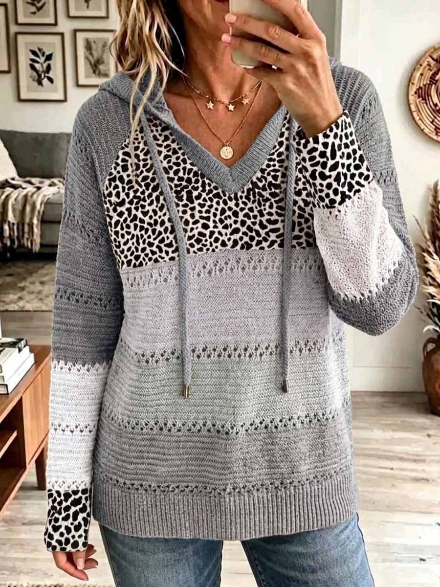 Women's Color-blocked Leopard Print V-neck Long-sleeved Casual Loose Hooded Knit Pullover