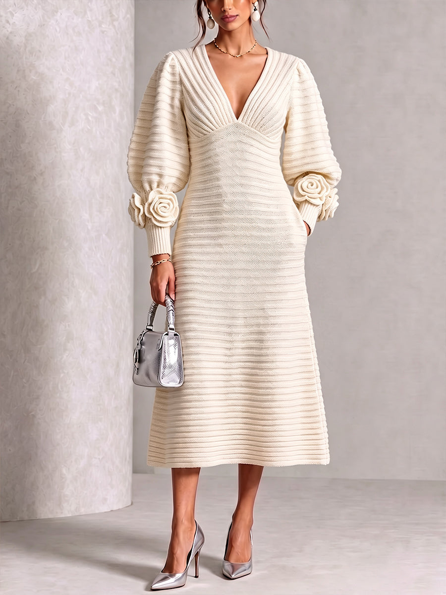 Elegant Ivory Textured Knit Button-Front Midi Dress