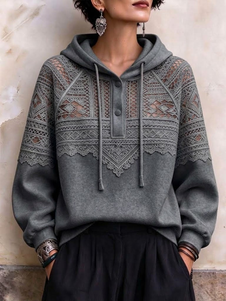 Chic Lace-panel Cotton-blend Hooded Sweatshirt