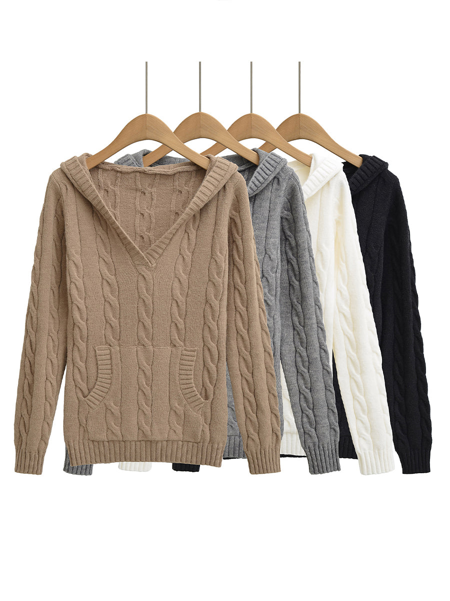 Casual Cable-knit V-neck Sweater With Hood