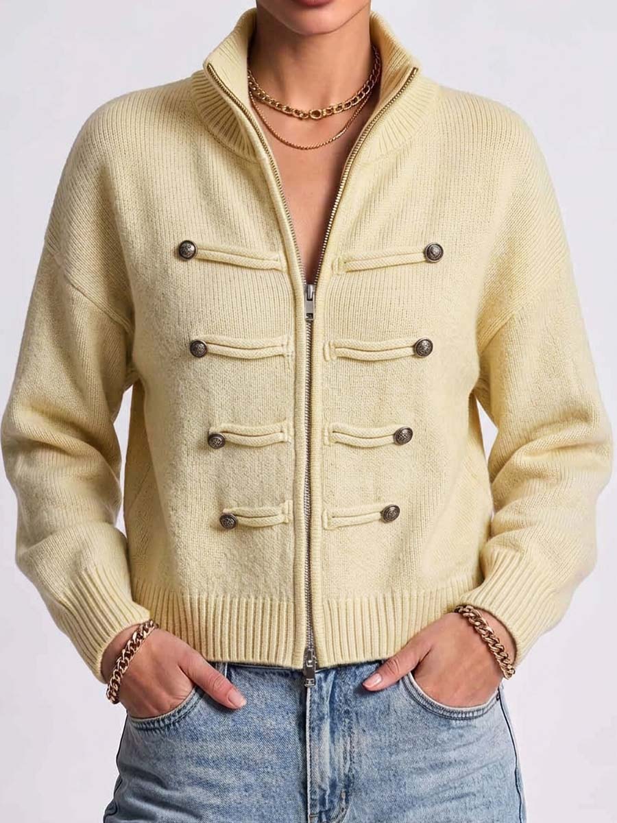 Women's Solid Color Stand Collar Long Sleeve Casual Loose Knit Cardigan