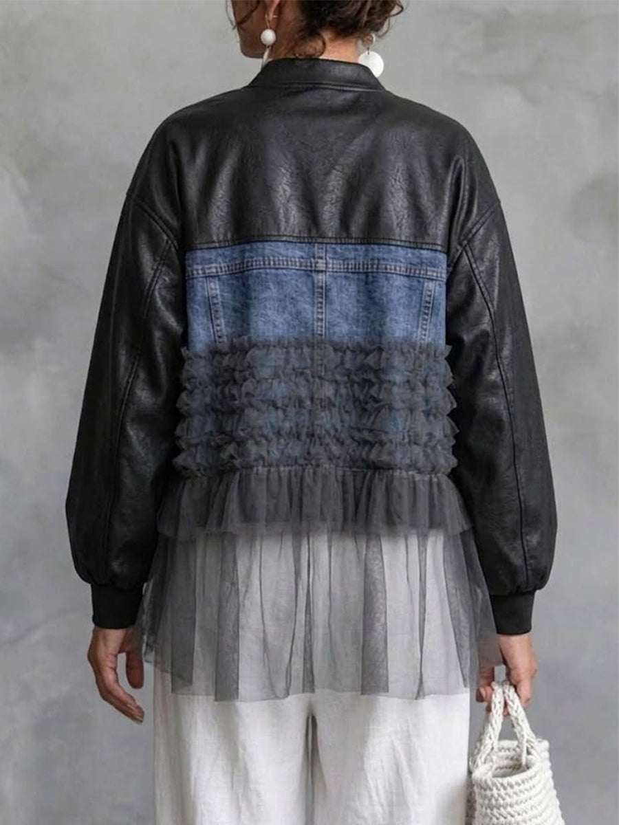 Faux Leather, Denim, And Mesh Paneled Zip-up Baseball-collar Jacket With Ruffle Detailing
