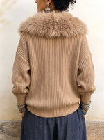 omen's Faux Fur Collar Ribbed Knit Cardigan - Asymmetrical Zip Chunky Sweater Jacket