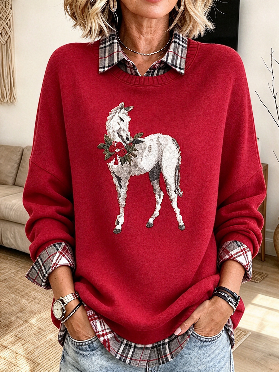 Fake-two-piece Plaid Layering Horse Graphic Sweatershirt