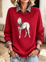 Fake-two-piece Plaid Layering Horse Graphic Sweatershirt