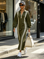 Casual Sporty Stripe Zipper Midi Sweatshirt Dress