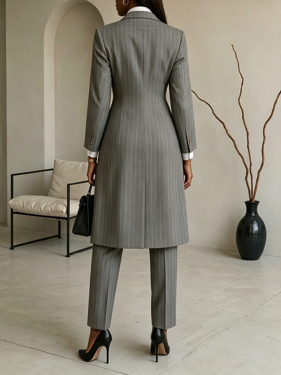 Chic Grey Pinstripe Tailored Coat and Pants Set