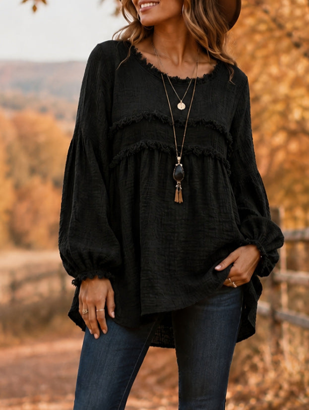 Casual Raw-edge Ruffled Cotton-linen Blend Pleated Top