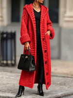 Casual, Relaxed-fit, Long, Chunky-knit Hooded Cardigan