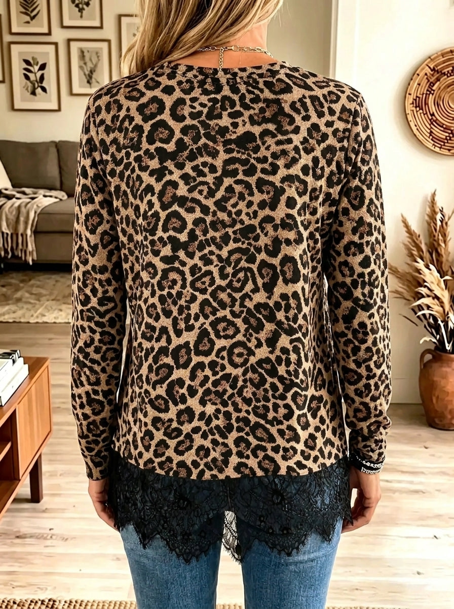 Women's Leopard Print Eyelash Lace Trim Sweatshirt