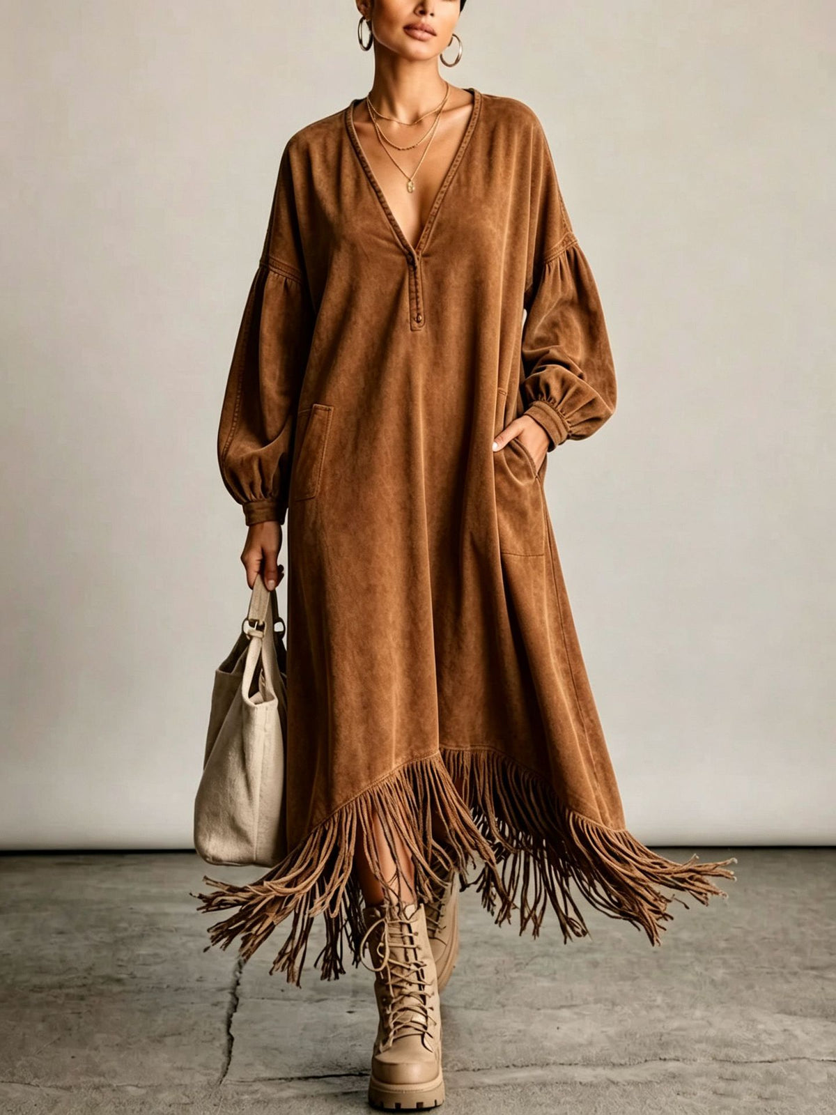 Vintage-style Faux Suede Maxi Dress With A Fringed Hem