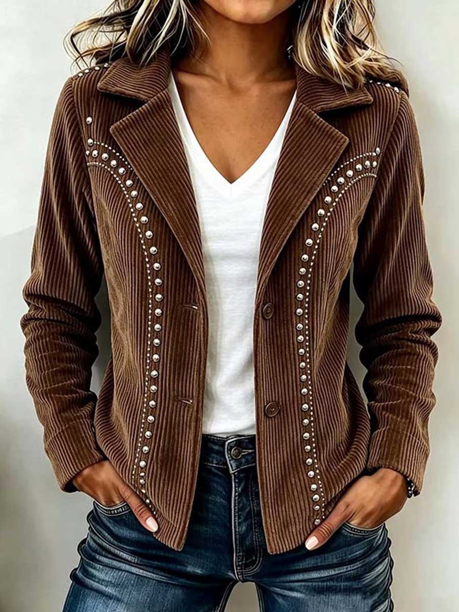 Women's Solid Color Long-sleeve Corduroy Jacket With Studs, Lapel, And Loose Casual Fit