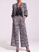 Women's Round Neck Long Sleeve Casual Loose Tweed Cardigan High Waist Wide Leg Pants Suit