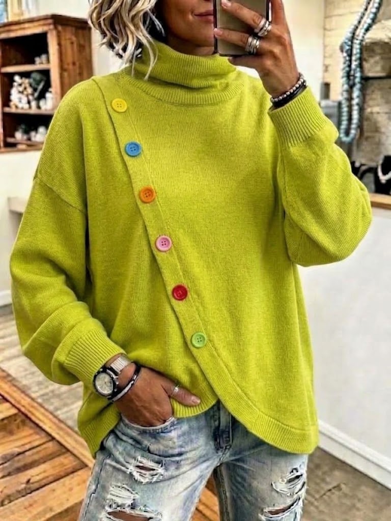Loose-fit High-neck Knit Sweater With A Diagonal Row Of Colorful Buttons