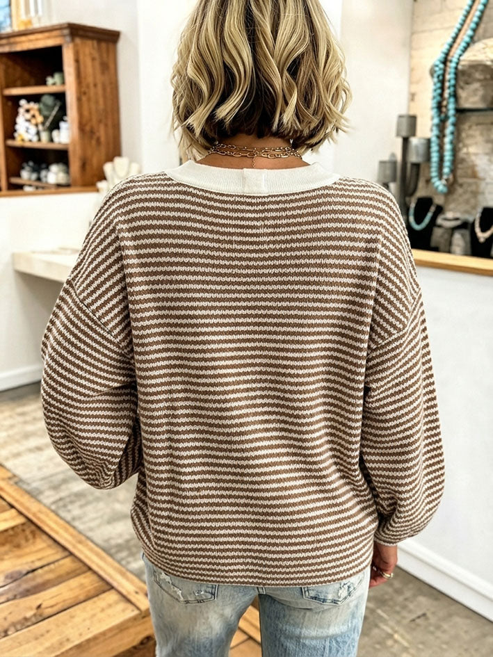 Casual V-neckline Striped Knit Top