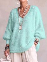 Women's Solid Color V-neck Long-sleeved Casual Loose Beaded Sweater