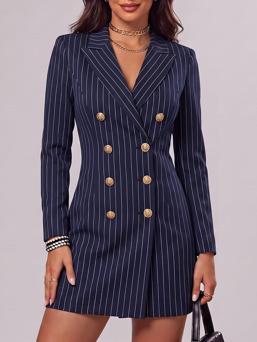 Women's Striped Printed Lapel Long-sleeved Casual Slim-fit Suit Dress