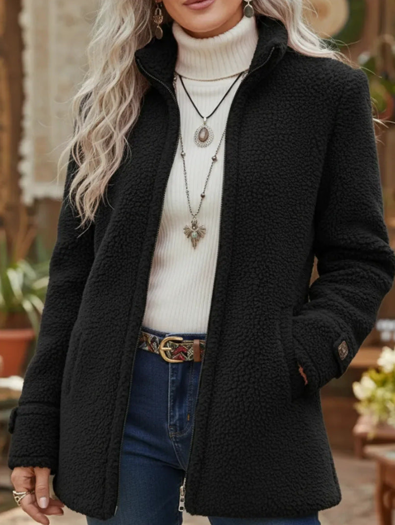 Casual Stand-collar Zip-up Teddy Fleece Jacket