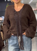 Cozy Casual Knit Top With Lace Trim And Paneling