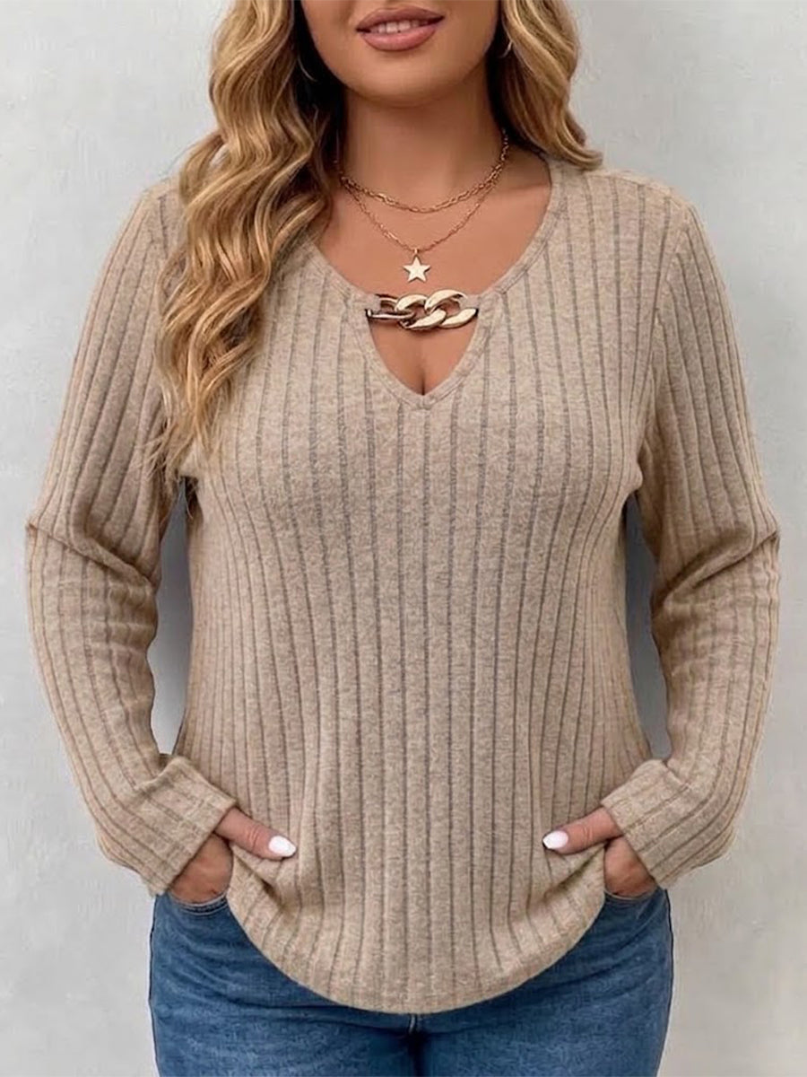 Long-sleeve V-neck Top With Vertical Ribbing And Metal Chain Detail