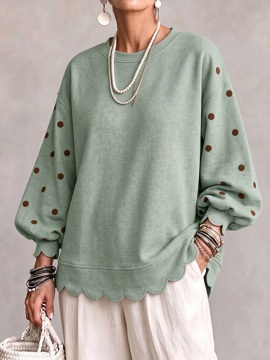 Whimsical Polka Dot Sleeve Scalloped Pullover