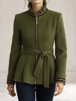Stylish Wool-blend Jacket With Ruffled Stand Collar, Tie Detail, And Ruffled Hem