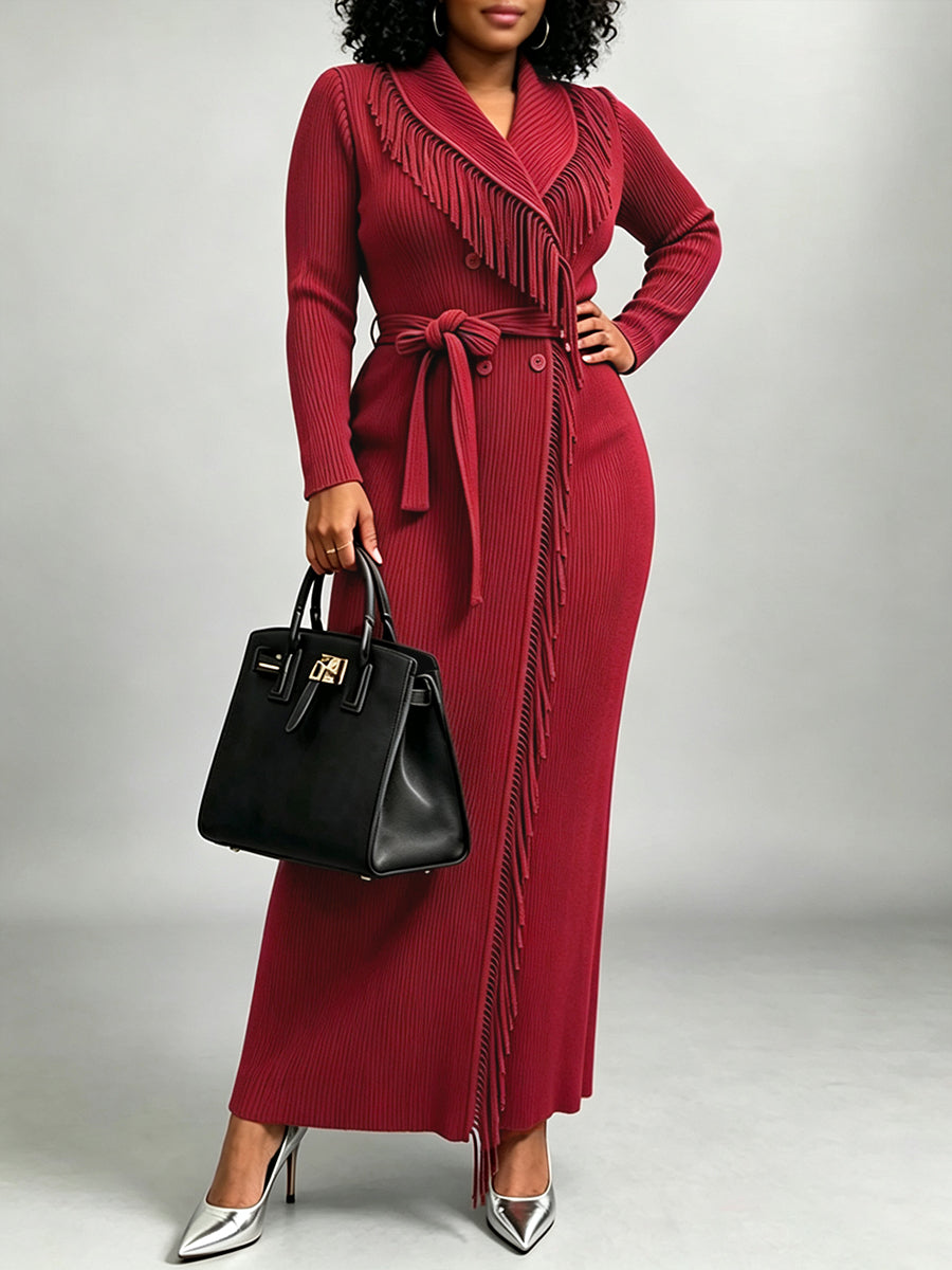 Long Robe In Highly Stretchable, Pleated-texture Fabric Featuring Stylish Tassels And A Lace-up Design.