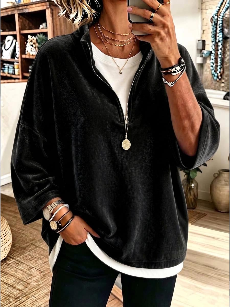 Women's Solid Color Stand Collar 3/4 Sleeve Casual Loose Velvet Pullover Top