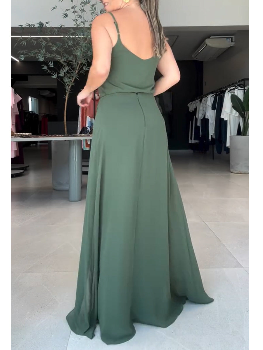Elegant Green Chiffon Three-piece Set: Cape-style Top, Camisole, And Wide-leg Trousers