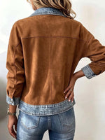 Women's Denim Collared Long-sleeved Casual Loose-fitting Cardigan With Faux Suede Patchwork.