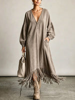 Vintage-style Faux Suede Maxi Dress With A Fringed Hem