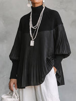 Chic Contrast-Paneled Pleated Mock-Neck Pullover