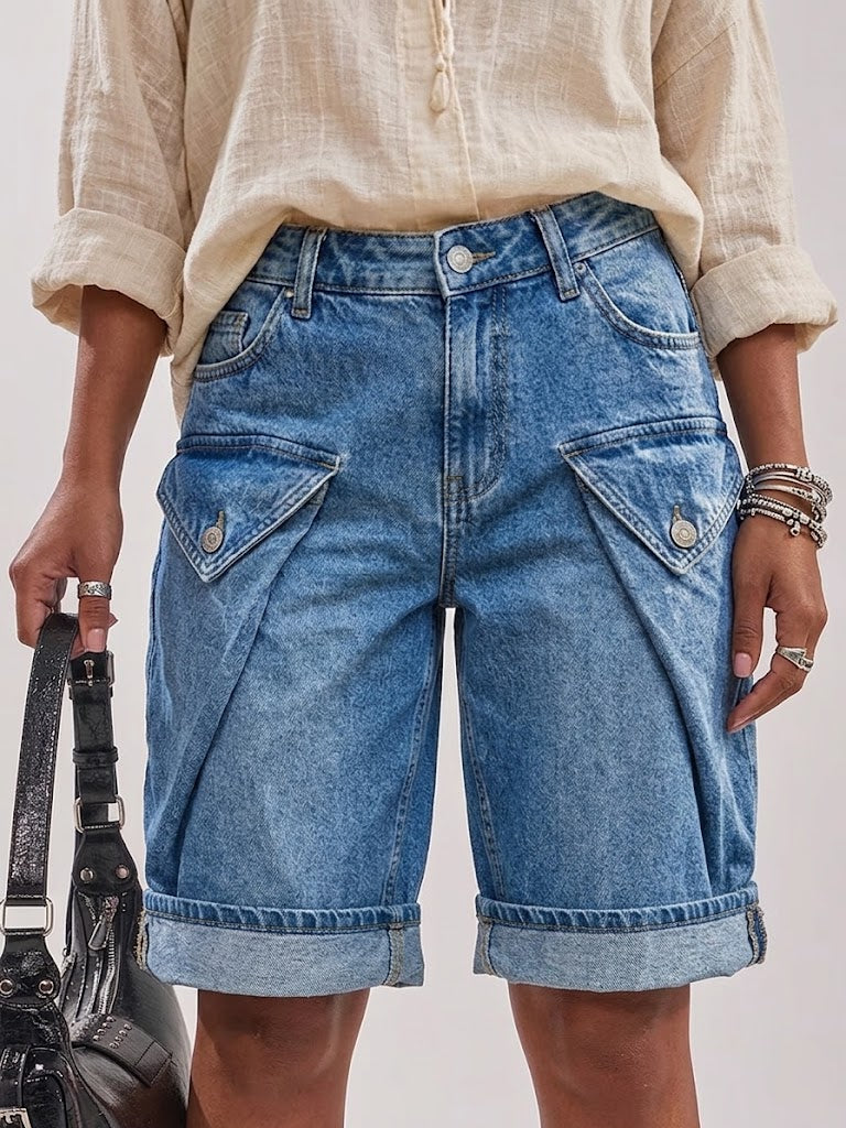 High-waisted Washed Denim Mid-length Shorts With Cuffed Hems And Pockets