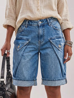 High-waisted Washed Denim Mid-length Shorts With Cuffed Hems And Pockets