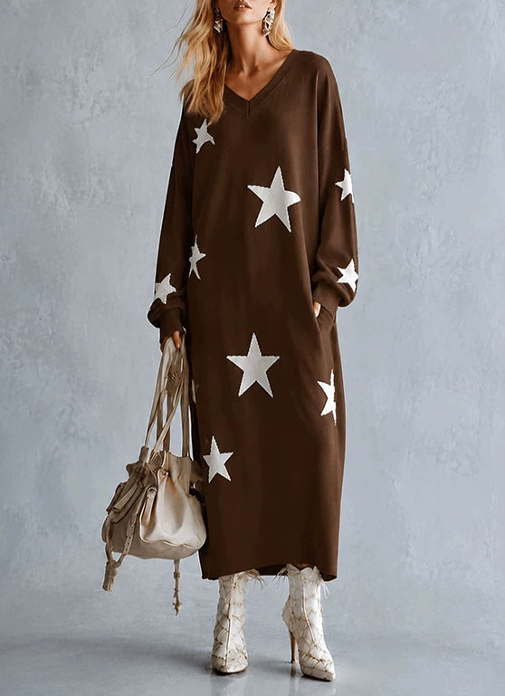 Cozy Star-patterned Loose-fit Knitted Maxi Dress