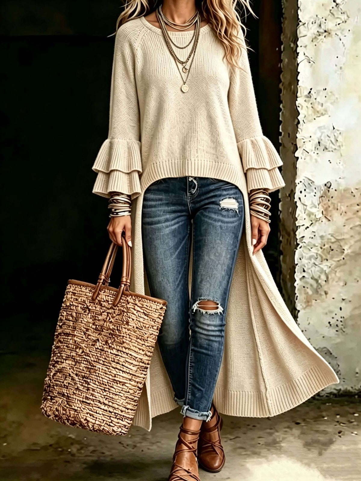 Chic Long-line Knitted Cardigan With Multi-layered Ruffled Sleeves