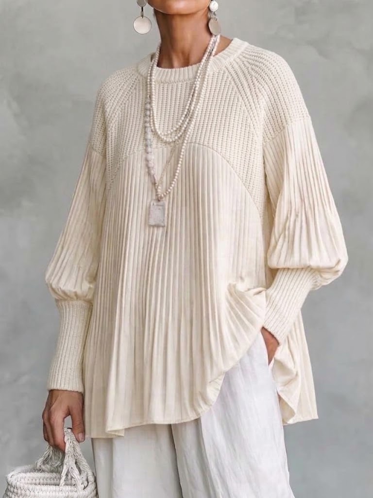 Crew-neck Loose-fit Knit Top With Textured Lantern Sleeves