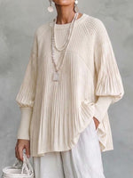 Crew-neck Loose-fit Knit Top With Textured Lantern Sleeves