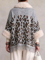 Leopard-print Faux-fur Collar Fringed Cardigan-style Wrap