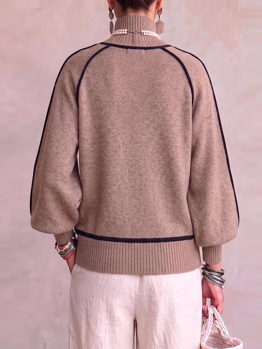 Women's High-neck Long-sleeved Casual Loose Color-blocked Pullover Knit Sweater