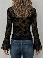 Women's Black Sheer Floral Lace Tie-front Bell Sleeve Blouse