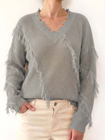 Women's Solid Color V-neck Long-sleeved Casual Loose Tassel Pullover Knit Sweater