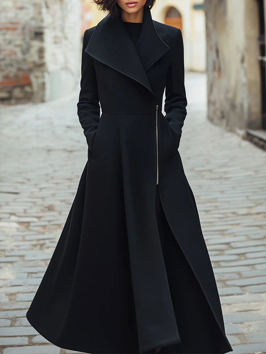 Chic Black Asymmetrical Zip Long Wool Coat