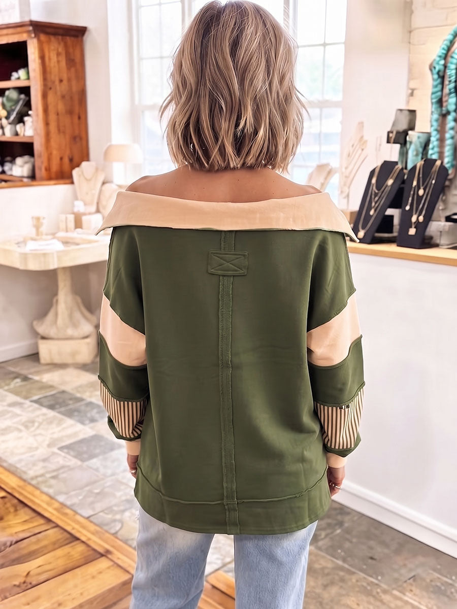 Chic Cozy Oversized V-neck Striped Sweatshirt