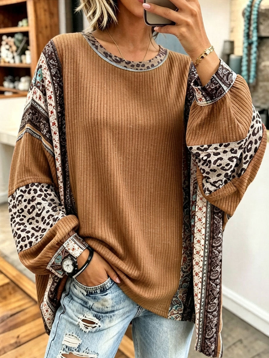 Boho Cozy Oversise Mixed-print Long-sleeve Top