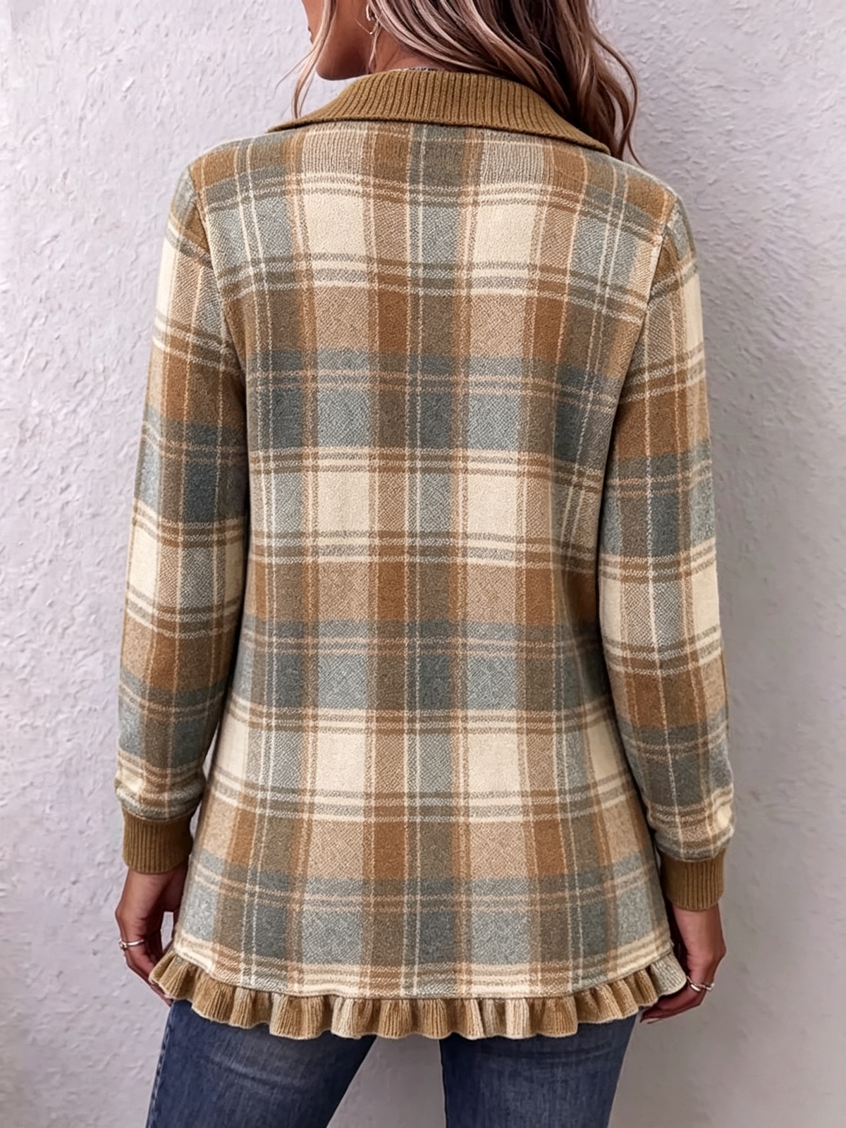 Plaid Single-breasted Jacket With A Ruffled Collar