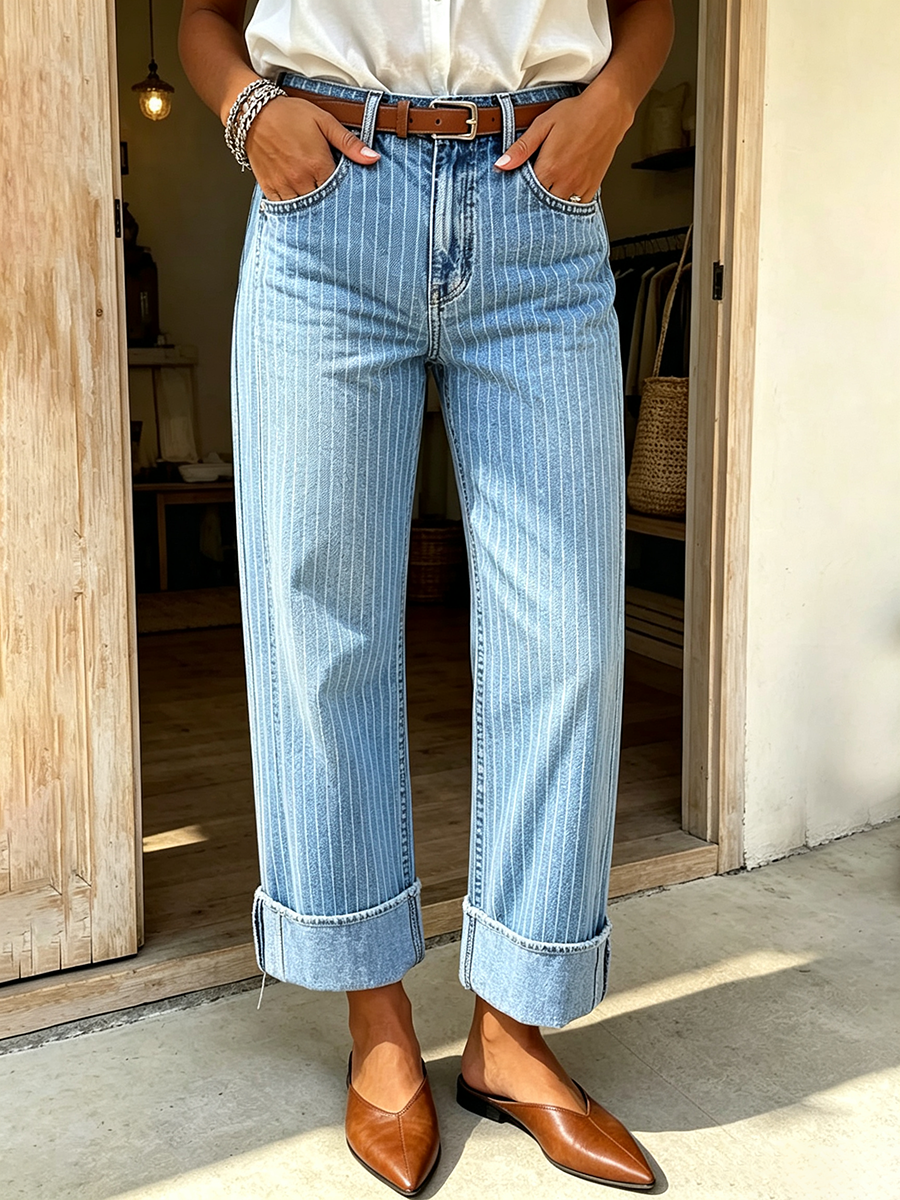 Relaxed Chic Pinstripe Light Wash Stretch Denim Wide-leg Jeans